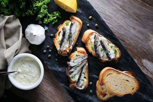 White Anchovies Crostini with Lemon Aioli