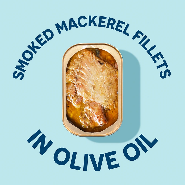 Open can of Wild Smoked Mackerel Fillets in Extra Virgin Olive Oil