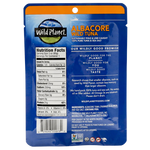 Albacore Wild Tuna Sustainable Pole & Line Caught, 100% Pure Tuna & Sea Salt in a Pouch, Back View showing Nutrition Facts, Promotional Caption, Research, Ingredients and Logo (Non GMO Project Verfiied and 4 others)