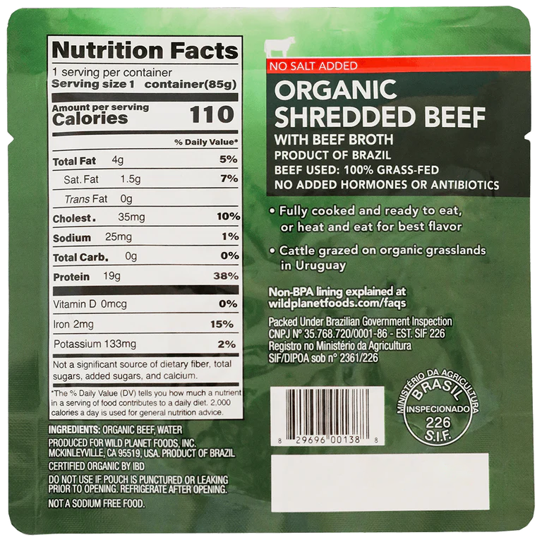 Wild Planet Organic Shredded Beef No Salt Added - back of pouch nutrition and UPC