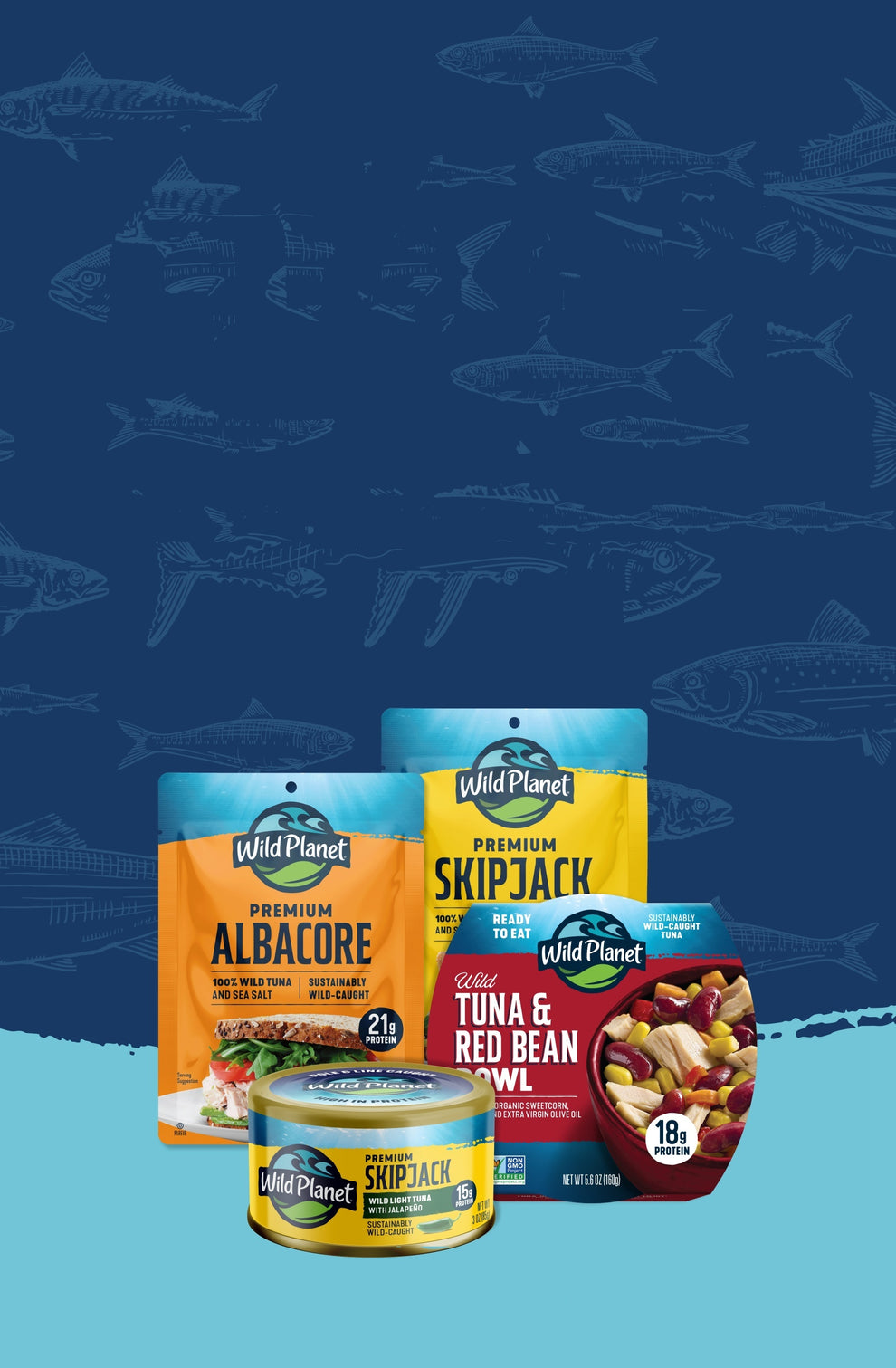 Wild Planet portable protein: Albacore and Skipjack tuna pouches, a Skipjack tuna can and a Tuna & Red Bean bowl