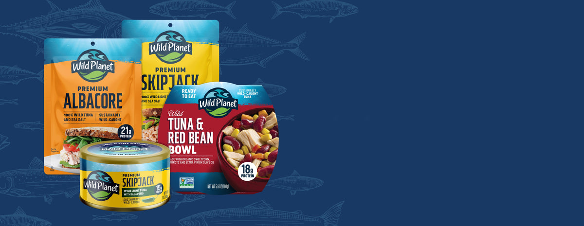 Wild Planet portable protein: Albacore and Skipjack tuna pouches, a Skipjack tuna can and a Tuna & Red Bean bowl