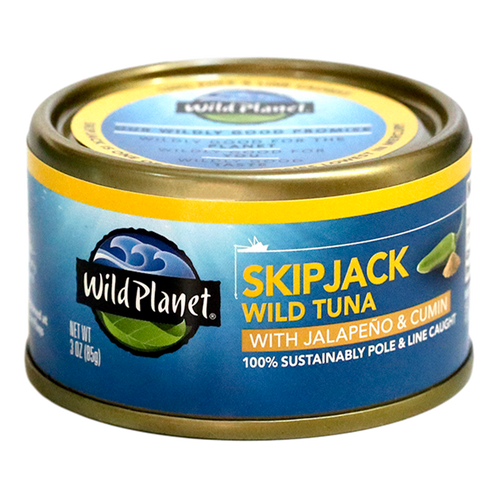 Skipjack Wild Tuna with Jalapeño & Cumin, in can. 100% Sustainably Pole and Line Caught, Front and Top View with Wild Planet Logo