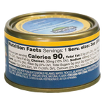 Skipjack Wild Tuna with Jalapeño & Cumin, in can. 100% Sustainably Pole and Line Caught, Back View showing Nutrition Facts, Ingredients