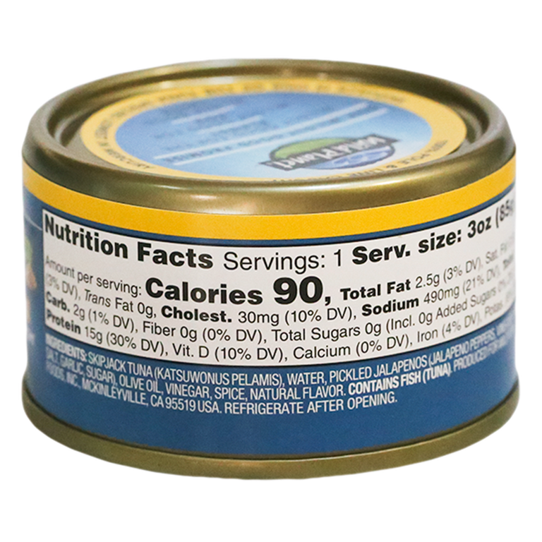 Skipjack Wild Tuna with Jalapeño & Cumin, in can. 100% Sustainably Pole and Line Caught, Back View showing Nutrition Facts, Ingredients