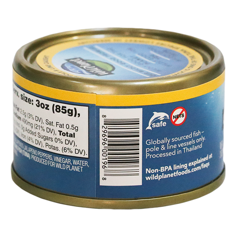 Skipjack Wild Tuna with Jalapeño & Cumin, in can. View showing Barcode, Logo: Non BPA and 2 Others, Produced by Info