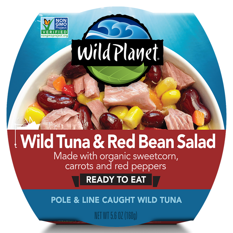 Packaging of Wild Planet Wild Tuna & Red Bean Salad, displaying the product as ready-to-eat with wild skipjack tuna, organic red beans, sweetcorn, and red peppers visible through the clear window.