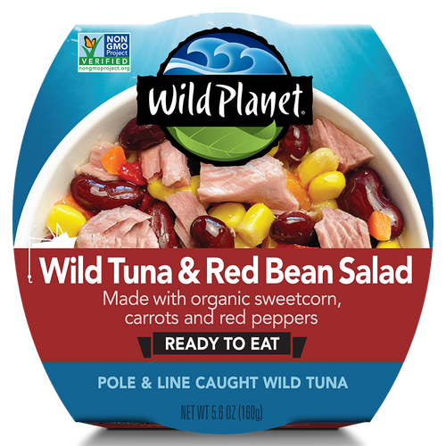 Packaging of Wild Planet Wild Tuna & Red Bean Salad, displaying the product as ready-to-eat with wild skipjack tuna, organic red beans, sweetcorn, and red peppers visible through the clear window.