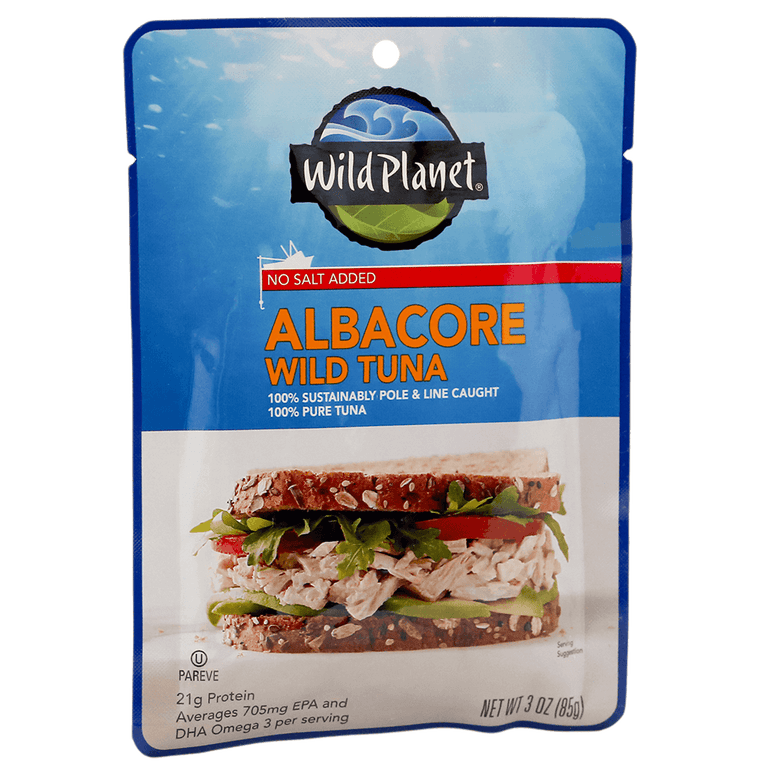 Albacore Wild Tuna, No Salt Added. Sustainable Pole & Line Caught, 100% Pure Tuna & Sea Salt in a Pouch, Left Front View with a photo of Tuna Salad Sandwich in Wheat Bread
