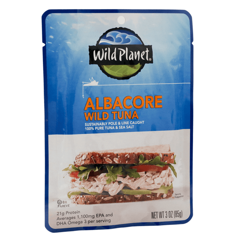 Albacore Wild Tuna Sustainable Pole & Line Caught, 100% Pure Tuna & Sea Salt in a Pouch, Left Side View with a photo of a Tuna Salad Sandwich
