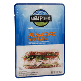Albacore Wild Tuna Sustainable Pole & Line Caught, 100% Pure Tuna & Sea Salt in a Pouch, Left Side View with a photo of a Tuna Salad Sandwich