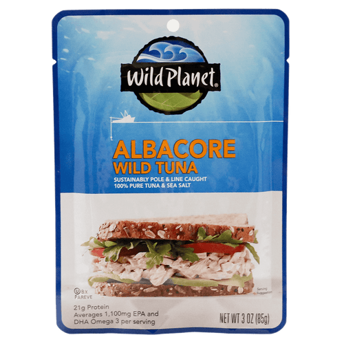 Albacore Wild Tuna Sustainable Pole & Line Caught, 100% Pure Tuna & Sea Salt in a Pouch, Front View with a Tuna Salad Sandwich Photo