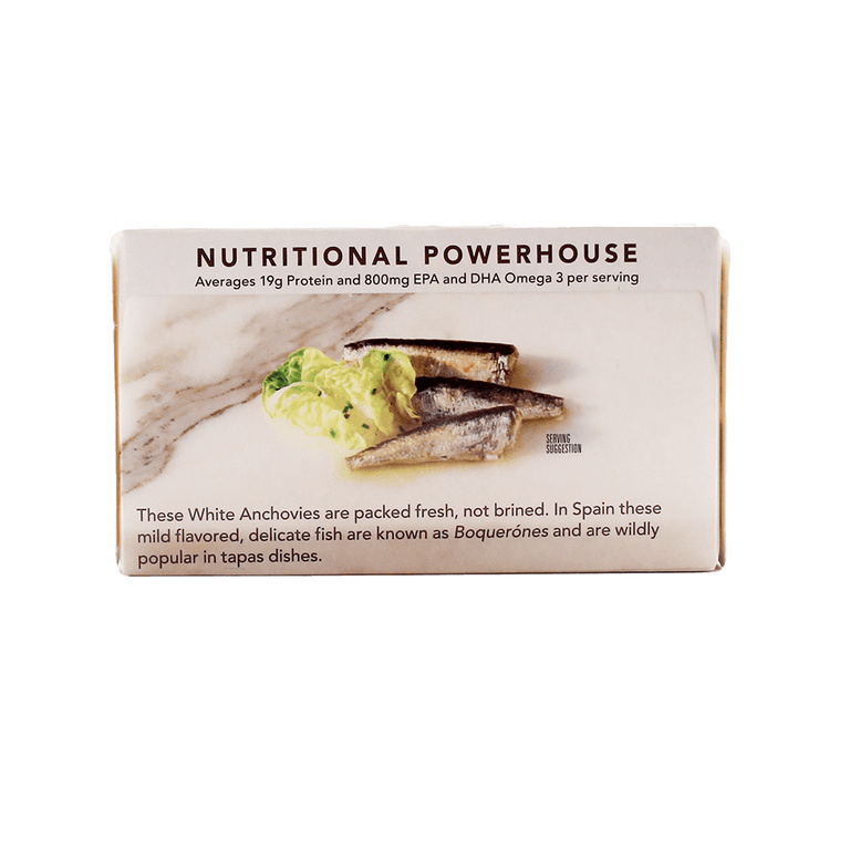 Package of Wild Planet WIld White Anchovies in Water with Sea Salt Nutritional Powerhouse Label