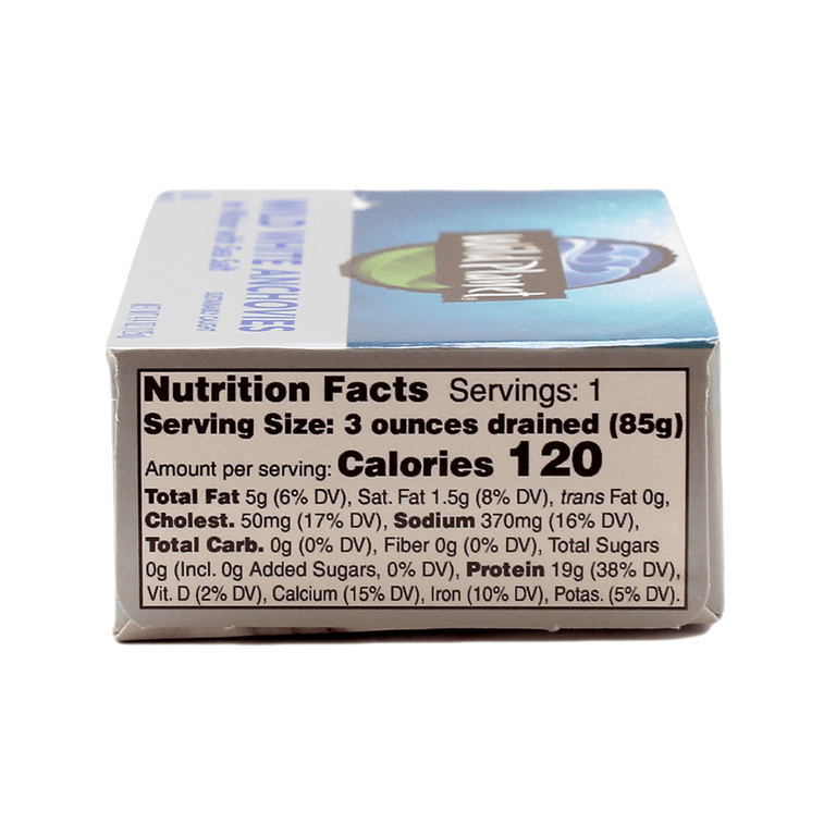 Package of Wild Planet WIld White Anchovies in Water with Sea Salt Nutrition Facts