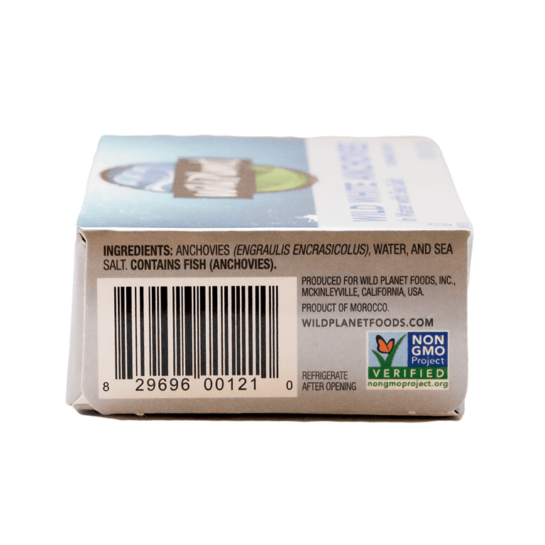 Package of Wild Planet WIld White Anchovies in Water with Sea Salt Ingredients