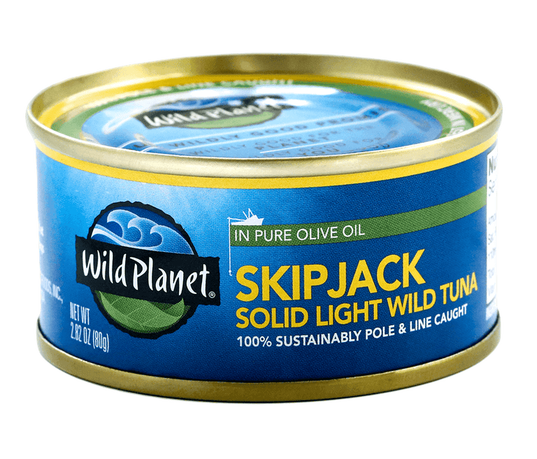 Skipjack Solid Light Wild Tuna in Pure Olive Oil, in Can. 100% Sustainably Pole and Line Caught, Front  and Top View with Wild Planet Logo