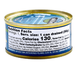 Skipjack Solid Light Wild Tuna in Pure Olive Oil, in Can. 100% Sustainably Pole and Line Caught,  Back View showing Nutrition Facts, Ingredients