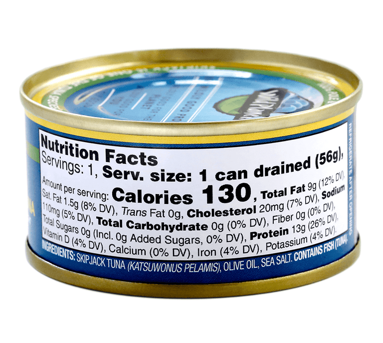 Skipjack Solid Light Wild Tuna in Pure Olive Oil, in Can. 100% Sustainably Pole and Line Caught,  Back View showing Nutrition Facts, Ingredients