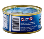 Skipjack Solid Light Wild Tuna in Pure Olive Oil, in Can.  Right Side View showing Barcode, Logo: Non BPA and 3 Others, Produced by Info