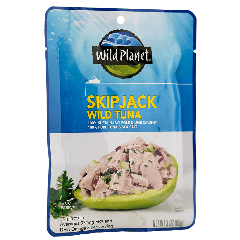 Skipjack Wild Tuna in a Pouch, 100% Sustainably Pole and Line Caught, 100% Pure Tuna and Sea Salt, Left Side View