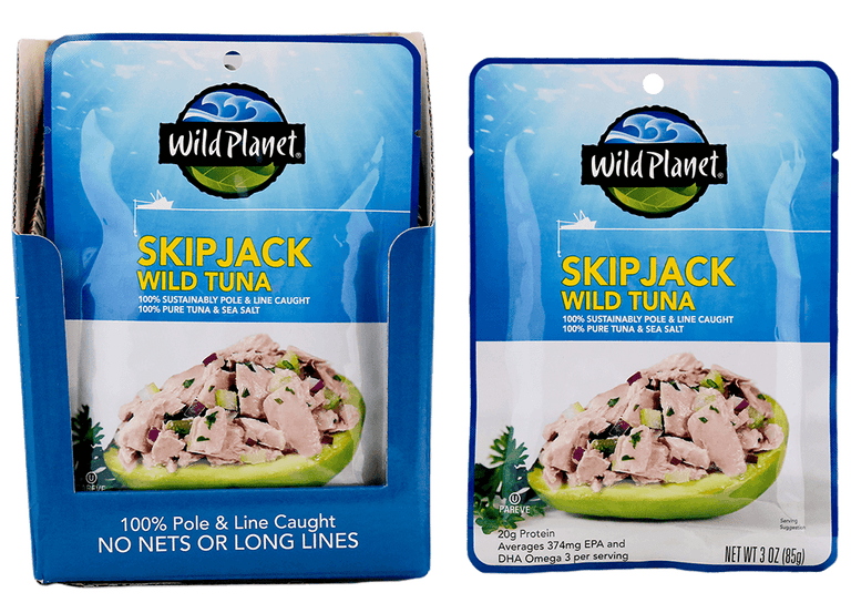 Skipjack Wild Tuna in a Pouch, 100% Sustainably Pole and Line Caught, 100% Pure Tuna and Sea Salt, A Set in a Pouch inside a Carton Box with a text that reads: 100% Pole and Line Caught, No Nets or Long Lines