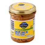 Skipjack Wild Tuna in Pure Olive Oil in a Airtight Lid Jar, Front and Top View  Seal of Freshness