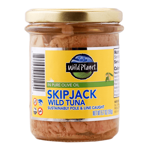 Skipjack Wild Tuna in Pure Olive Oil in a Airtight Lid Jar, Sustainably Pole and Line Caught, Front View showing Barcode and Logo: Turtle Safe and 3 others