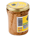 Skipjack Wild Tuna in Pure Olive Oil in a Airtight Lid Jar, Left Side View showing Barcode and Logo: Turtle Safe and 3 others