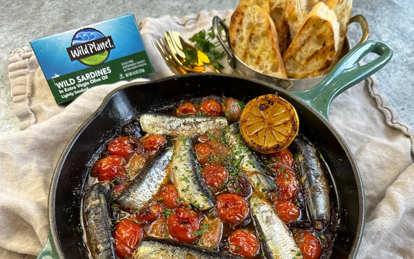 Baked Sardines in White Wine Tomato Sauce with Garlicky Baguette Crostini