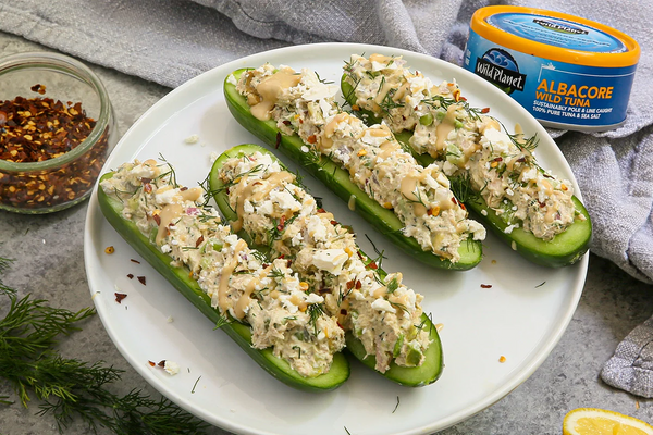 Feta and Herb Tuna Salad Cucumber Boats