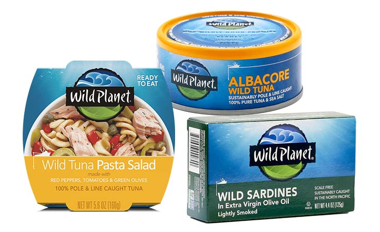 A trio of Wild Planet products: Wild Tuna Pasta Salad, Albacore Tuna and Wild Sardines.