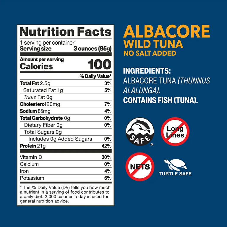 Albacore Wild Tuna No Salt Added pouch nutrition facts and ingredients