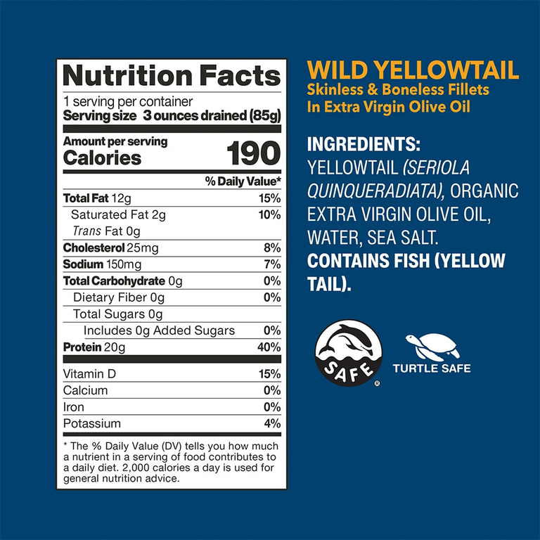 Wild Yellowtail Fillets In Extra Virgin Olive Oil nutrition facts and ingredients