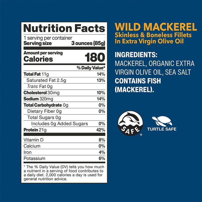 Wild Mackerel Fillets In Extra Virgin Olive Oil nutrition facts and ingredients