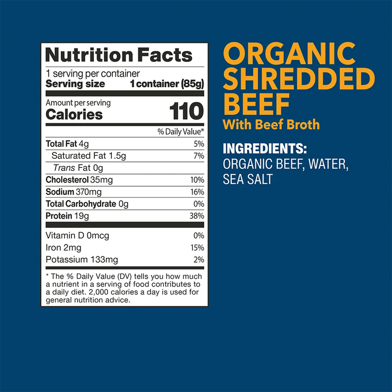 Organic Shredded Beef Single-Serve Pouch nutrition facts and ingredients
