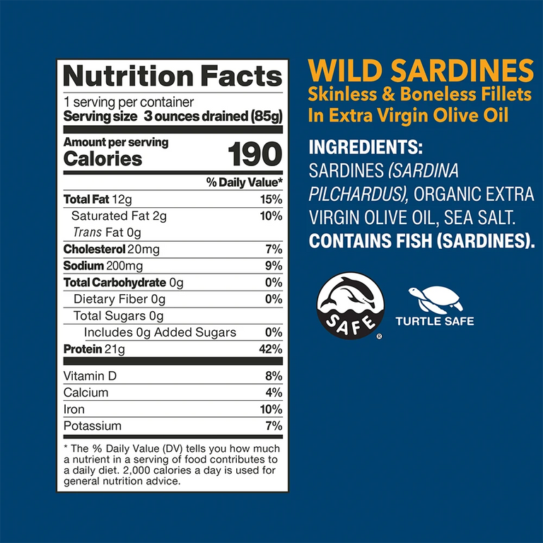 Wild Sardines Skinless & Boneless Fillets In Extra Virgin Olive Oil nutrition facts and ingredients