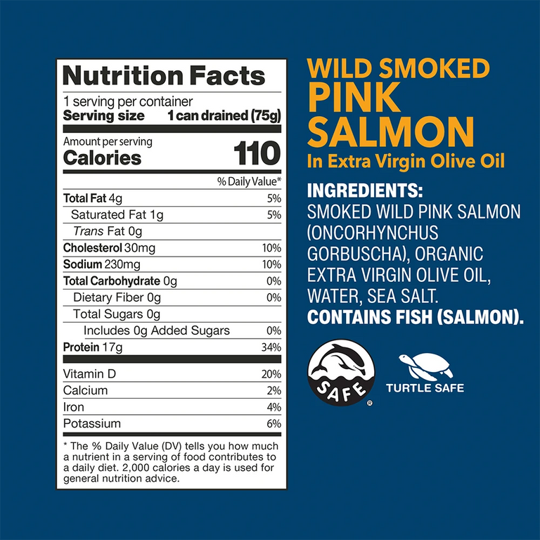 Wild Smoked Pink Salmon Fillets in Extra Virgin Olive Oil nutrition facts and ingredients