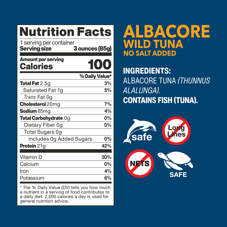 Albacore Wild Tuna No Salt Added pouch nutrition facts and ingredients