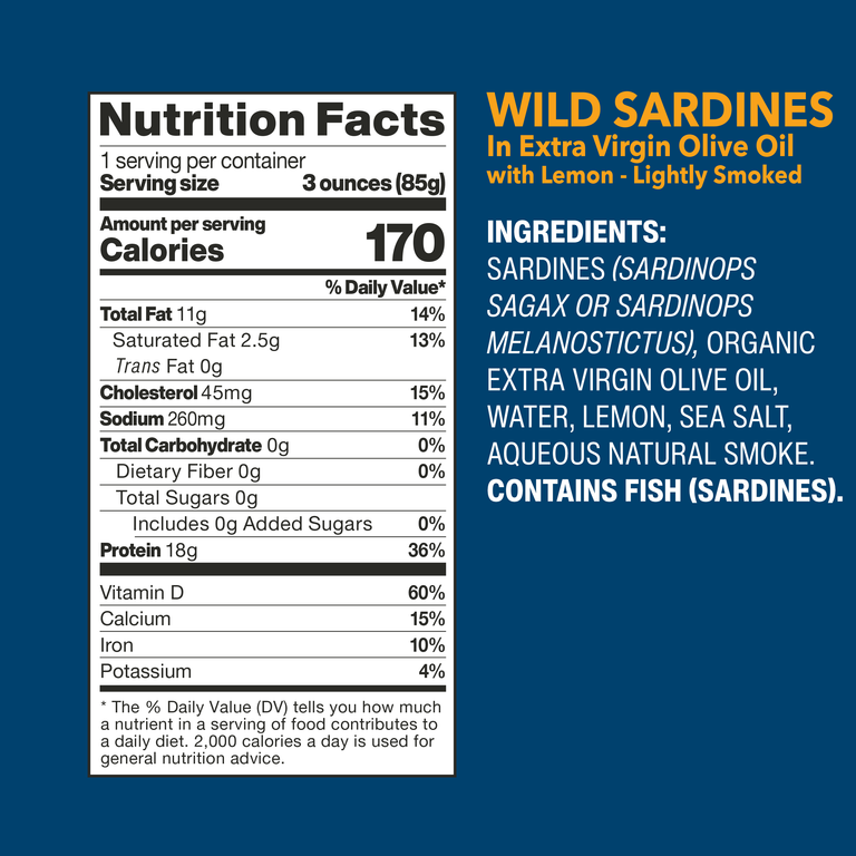 Wild Sardines In Extra Virgin Olive Oil with Lemon nutrition facts and ingredients