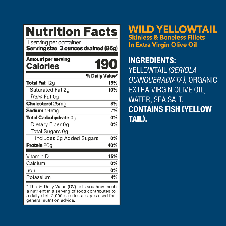 Wild Yellowtail Fillets In Extra Virgin Olive Oil nutrition facts and ingredients