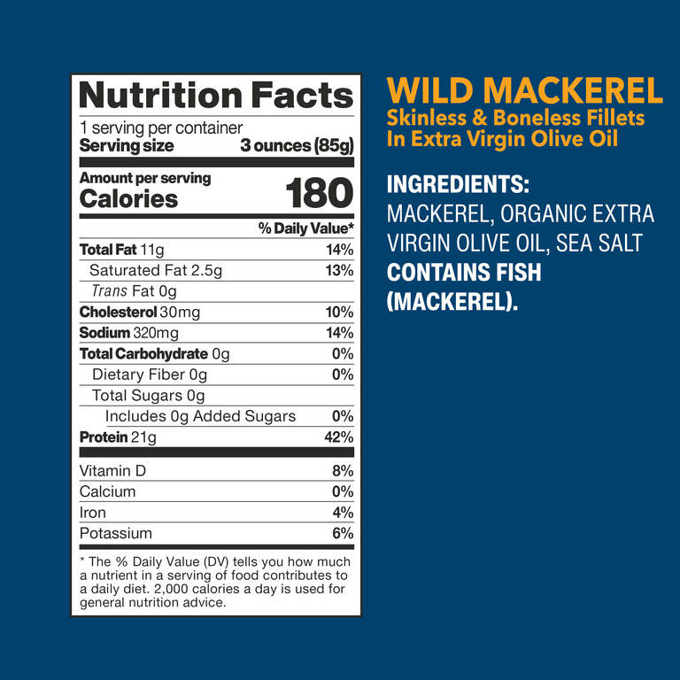 Wild Mackerel Fillets In Extra Virgin Olive Oil nutrition facts and ingredients