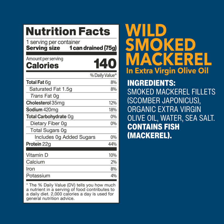 Wild Smoked Mackerel Fillets in Extra Virgin Olive Oil nutrition facts and ingredients