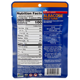 Albacore Wild Tuna, No Salt Added. Sustainable Pole & Line Caught, 100% Pure Tuna & Sea Salt in a Pouch, Back View showing Nutrition Facts, Branding Caption, Research, Ingredients, Barcode, Non BPA, Caution: Do Not Use if Pouch is Punctured, Logo: Non GMO Project Verified and 4 others