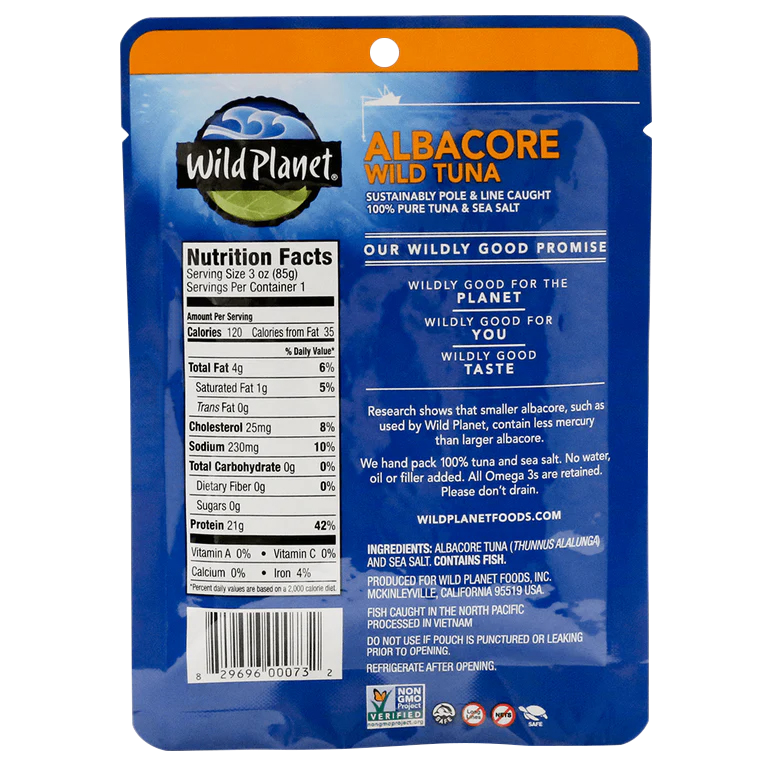 Albacore Wild Tuna Sustainable Pole & Line Caught, 100% Pure Tuna & Sea Salt in a Pouch, Back View showing Nutrition Facts, Promotional Caption, Research, Ingredients and Logo (Non GMO Project Verfiied and 4 others)