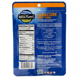 Albacore Wild Tuna Sustainable Pole & Line Caught, 100% Pure Tuna & Sea Salt in a Pouch, Back View showing Nutrition Facts, Promotional Caption, Research, Ingredients and Logo (Non GMO Project Verfiied and 4 others)