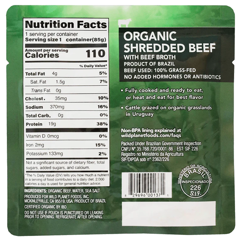 Wild Planet Organic Shredded Beef - back of pouch nutrition and UPC