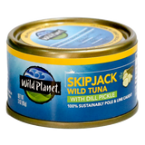 Skipjack Wild Tuna with Dill Pickle, in can. 100% Sustainably Pole and Line Caught, Front and Top View with Wild Planet Logo