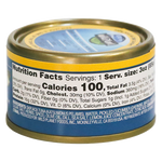 Skipjack Wild Tuna with Dill Pickle, in can. 100% Sustainably Pole and Line Caught, Back View showing Nutrition Facts, Ingredients