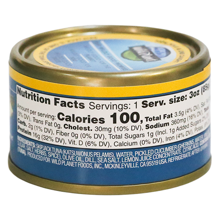 Skipjack Wild Tuna with Dill Pickle, in can. 100% Sustainably Pole and Line Caught, Back View showing Nutrition Facts, Ingredients