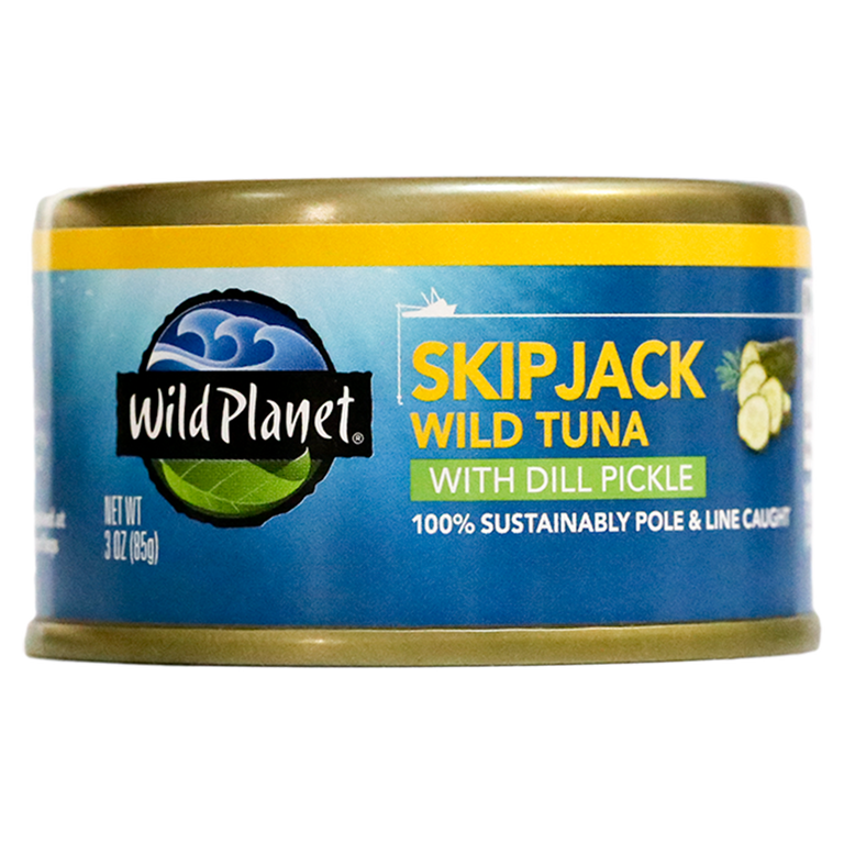 Skipjack Wild Tuna with Dill Pickle, in can. 100% Sustainably Pole and Line Caught, Front View